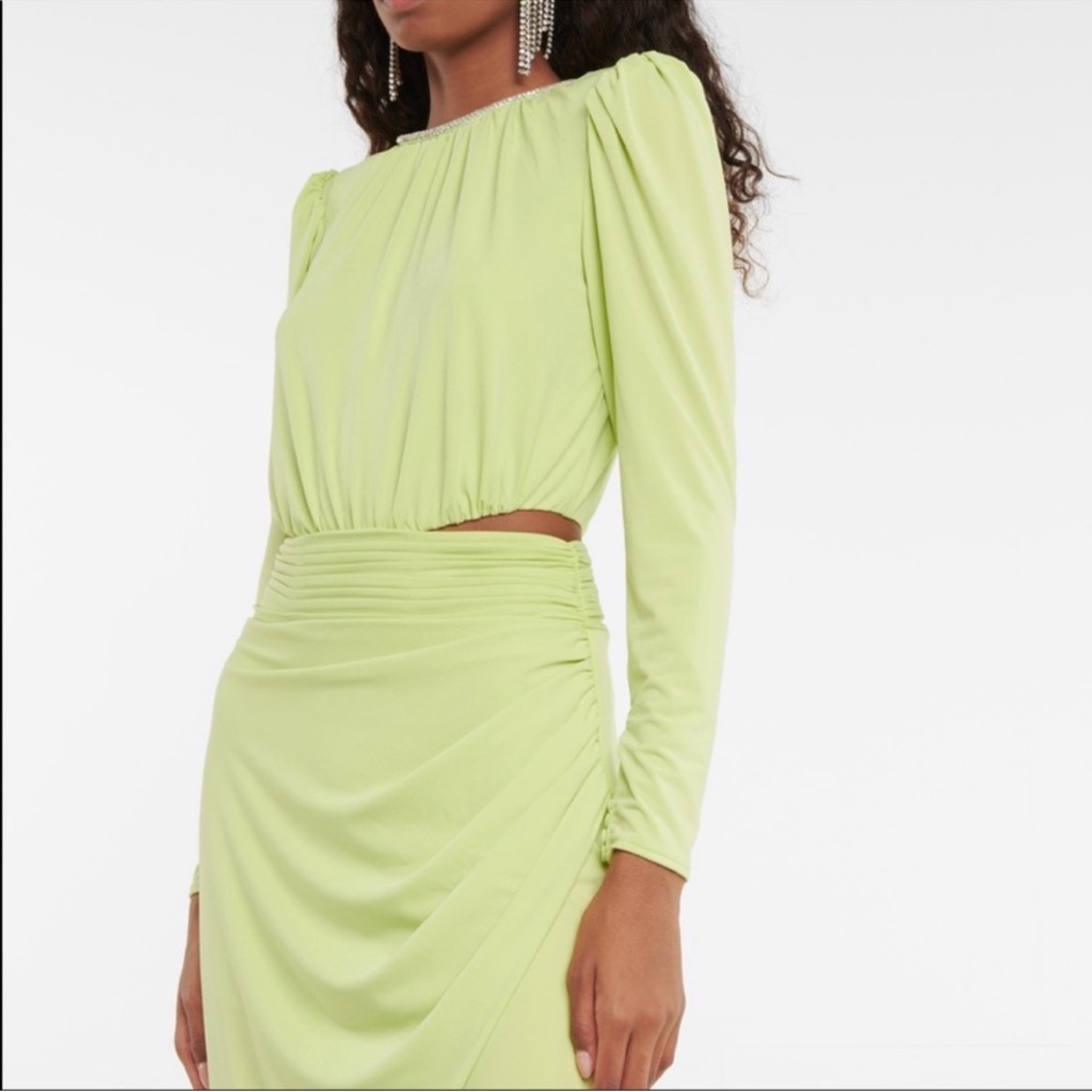 Self-Portrait Pale Lime Long Sleeve Midi Dress